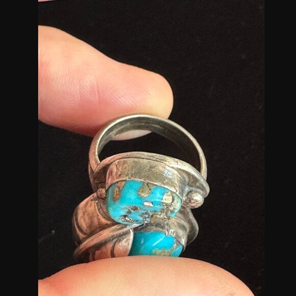 Vintage Sterling Silver Turquoise Feather Ring w/2 Natural Stones – 19g - Picture 3 of 6